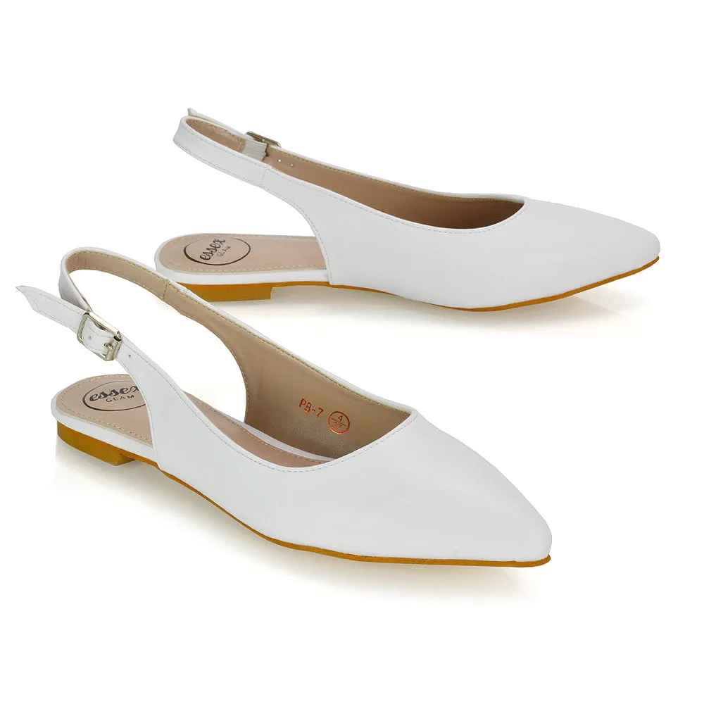 Mindy Pointed Toe Slingback Flat Ballerina Pumps in White Synthetic Leather