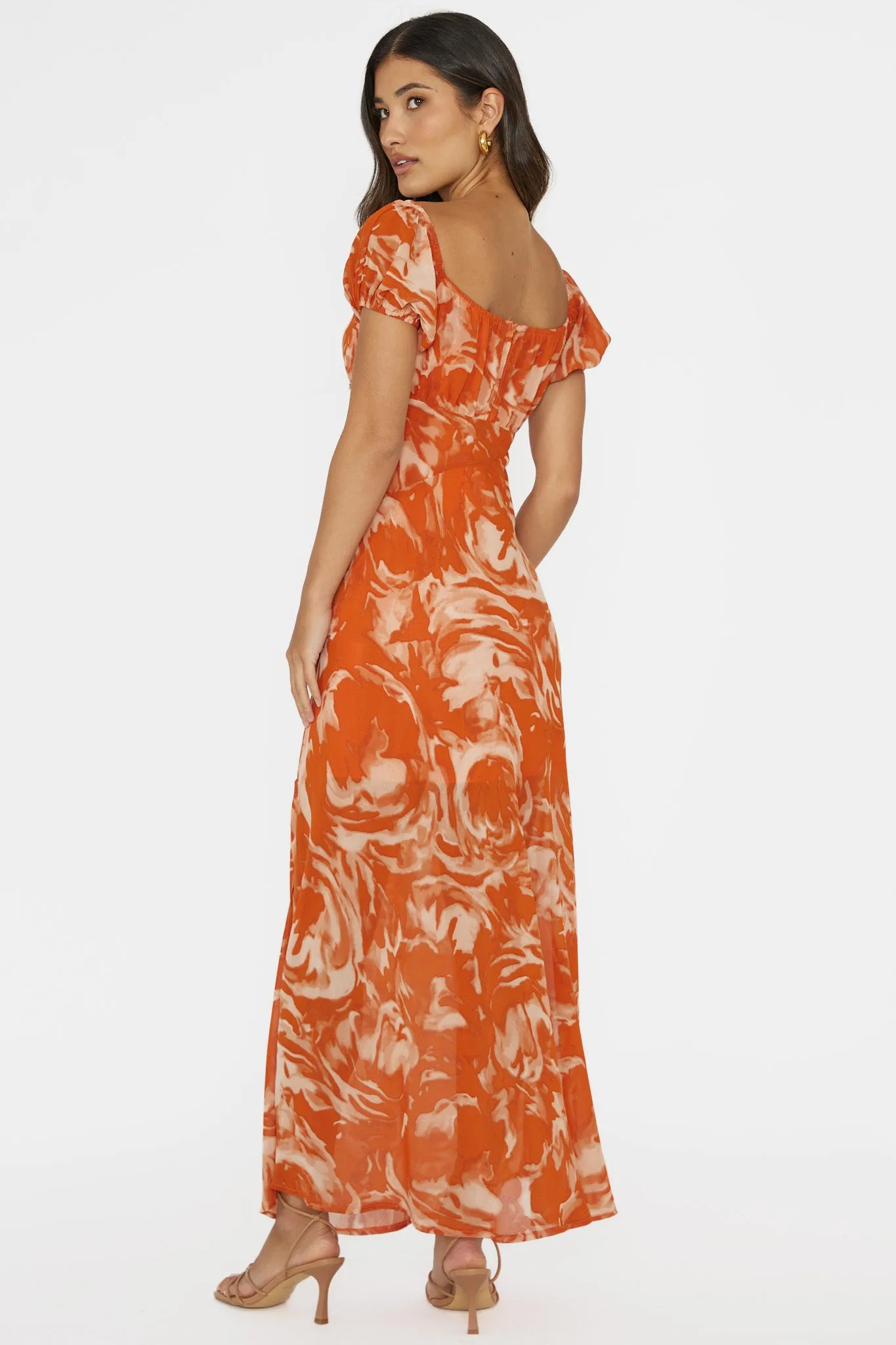 Park Avenue Puff Sleeve Midi Dress Print Orange