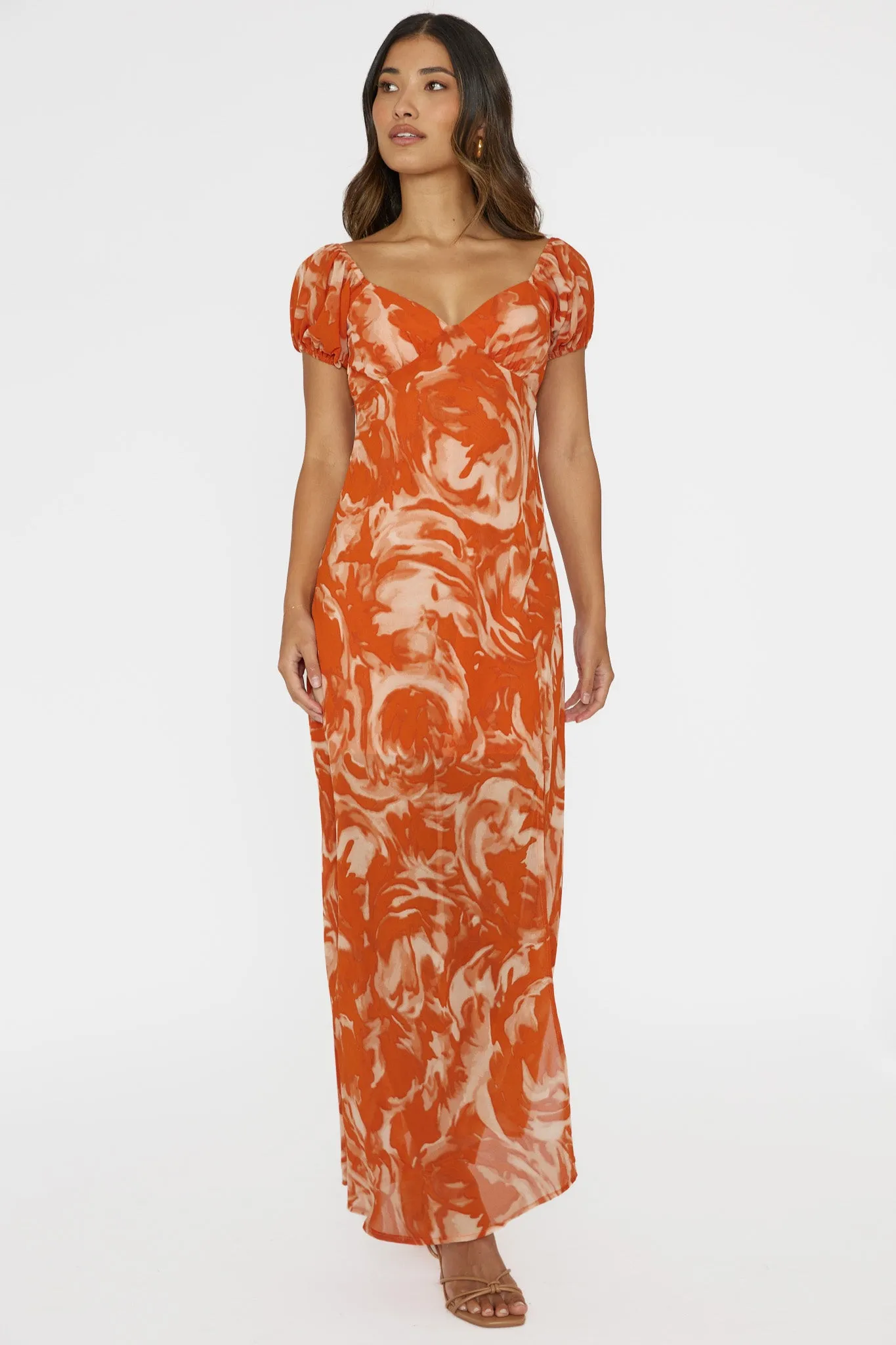 Park Avenue Puff Sleeve Midi Dress Print Orange