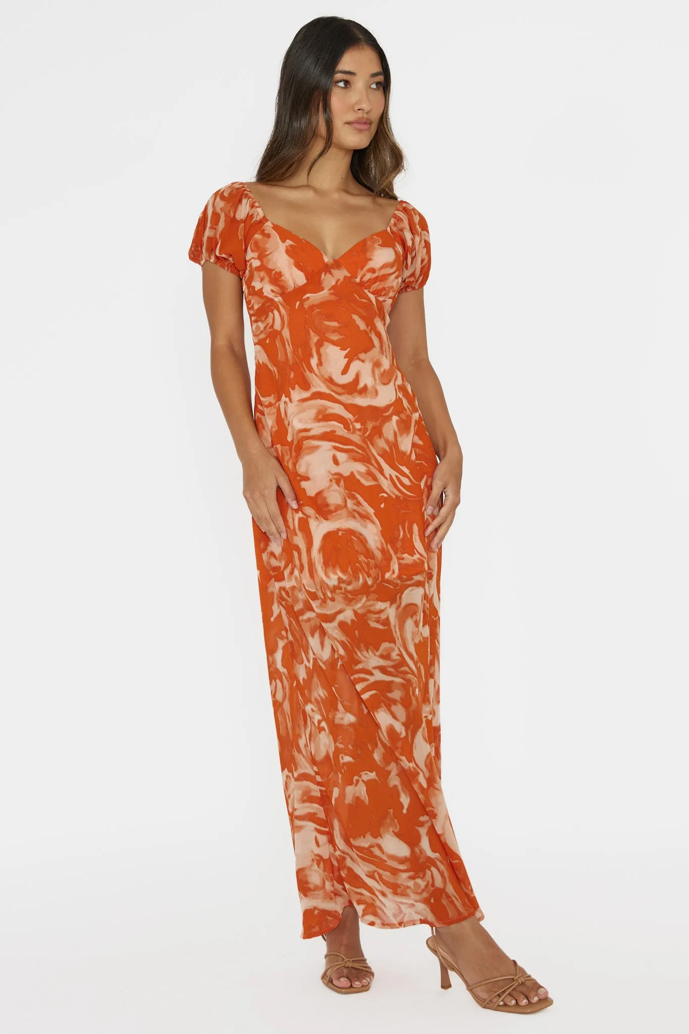 Park Avenue Puff Sleeve Midi Dress Print Orange