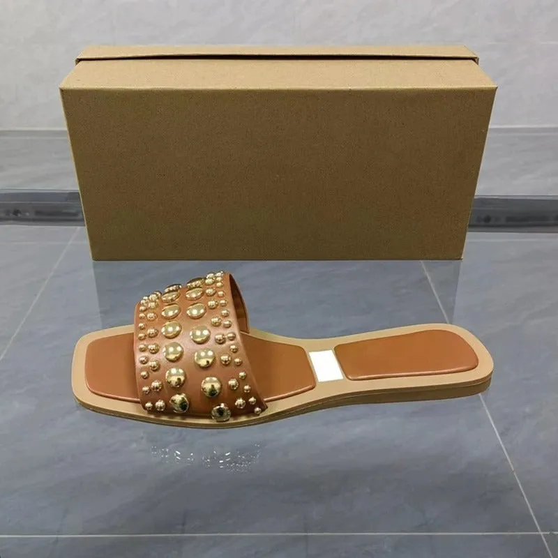 Pre Order:  Square Toe Rubber Rivet Square Toe Flat Sandals