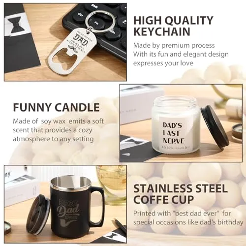 Qinyoung Dad Birthday Gifts, Best Dad Ever Coffee Mug Candle Gift Sets, Stainless Steel Cup Scented Candle Bottle Opener Keychain with Greeting Card Birthday Father's Day Presents for Dad Men Step Dad