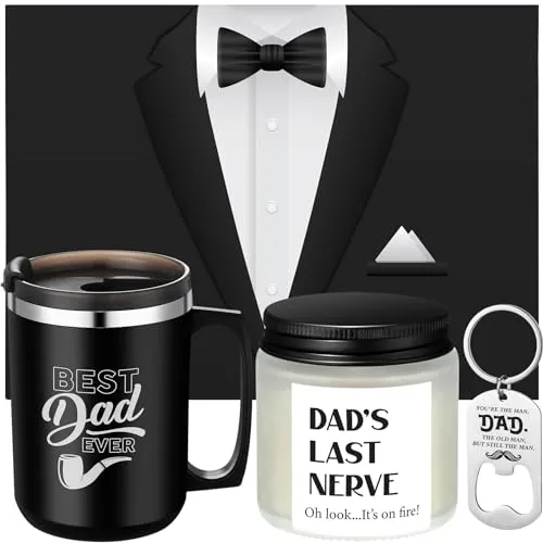 Qinyoung Dad Birthday Gifts, Best Dad Ever Coffee Mug Candle Gift Sets, Stainless Steel Cup Scented Candle Bottle Opener Keychain with Greeting Card Birthday Father's Day Presents for Dad Men Step Dad