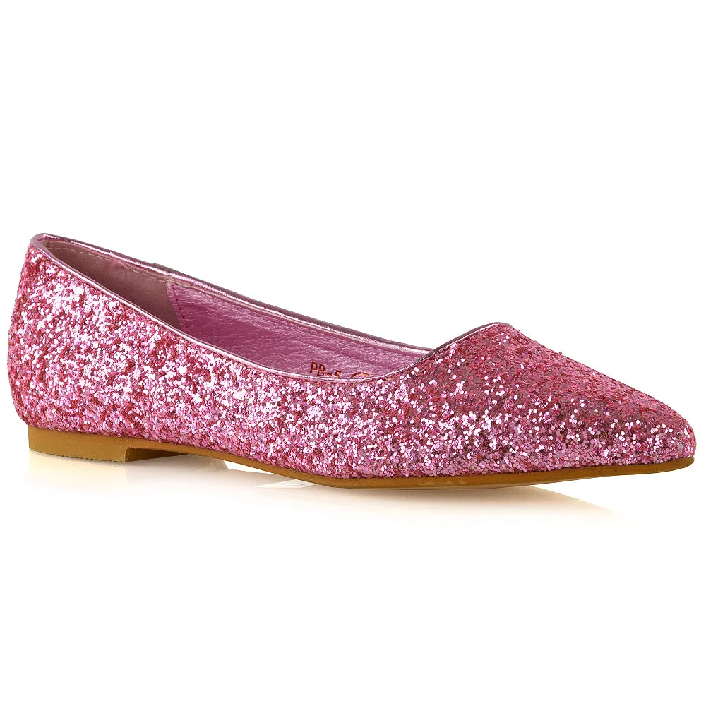 Rosalie Statement Pointed Toe Flat Bridal Ballerina Pump Shoes in Pink Glitter