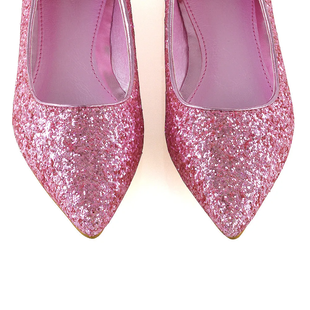 Rosalie Statement Pointed Toe Flat Bridal Ballerina Pump Shoes in Pink Glitter