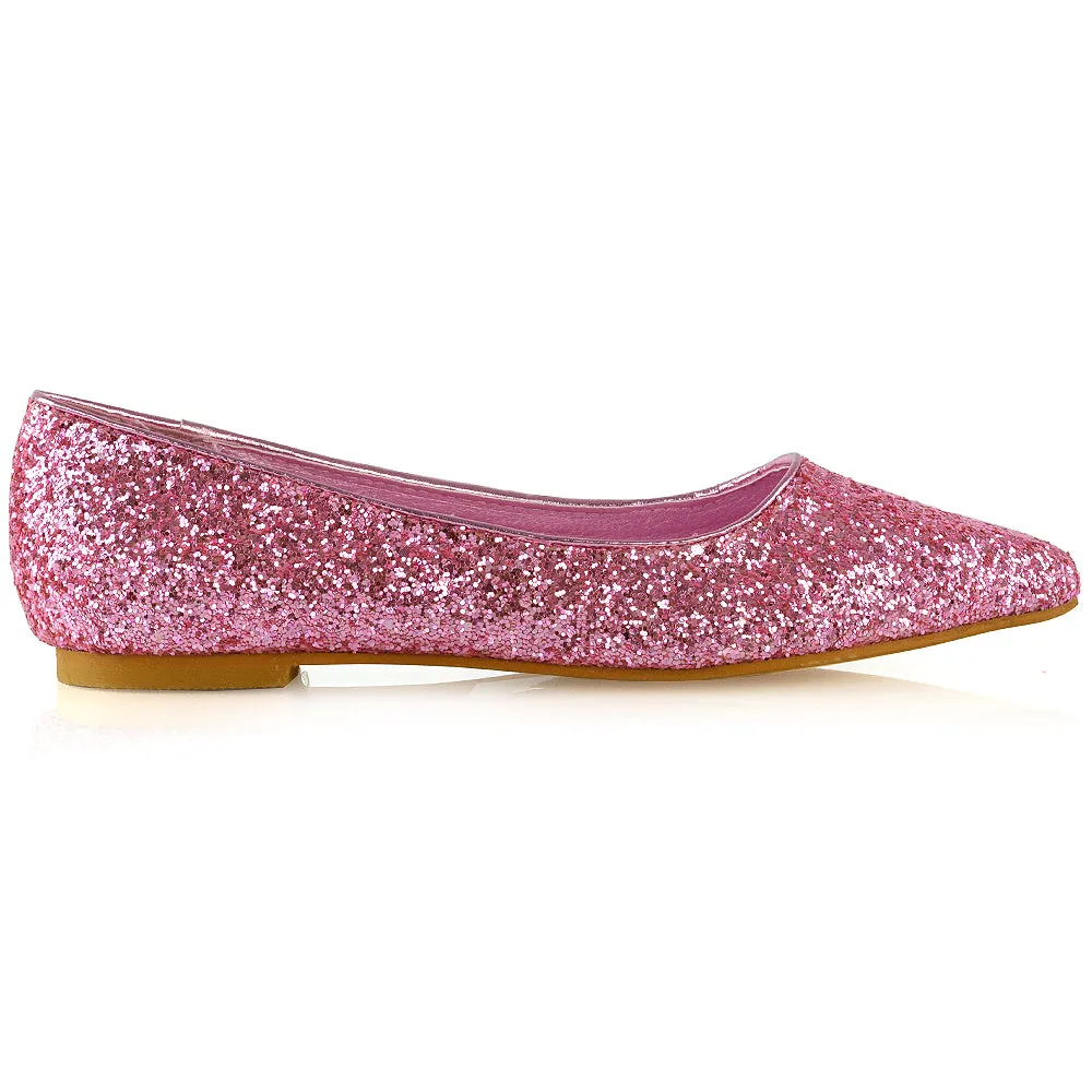 Rosalie Statement Pointed Toe Flat Bridal Ballerina Pump Shoes in Pink Glitter