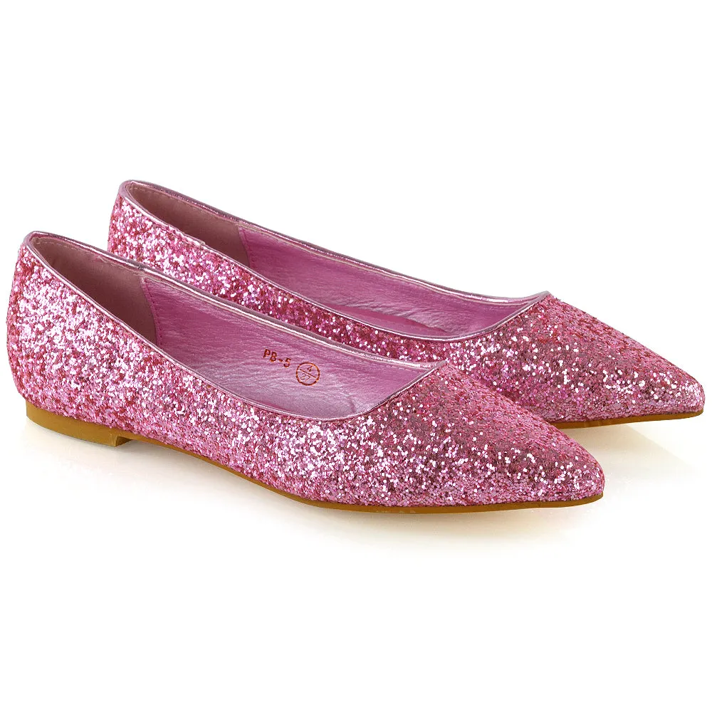 Rosalie Statement Pointed Toe Flat Bridal Ballerina Pump Shoes in Pink Glitter