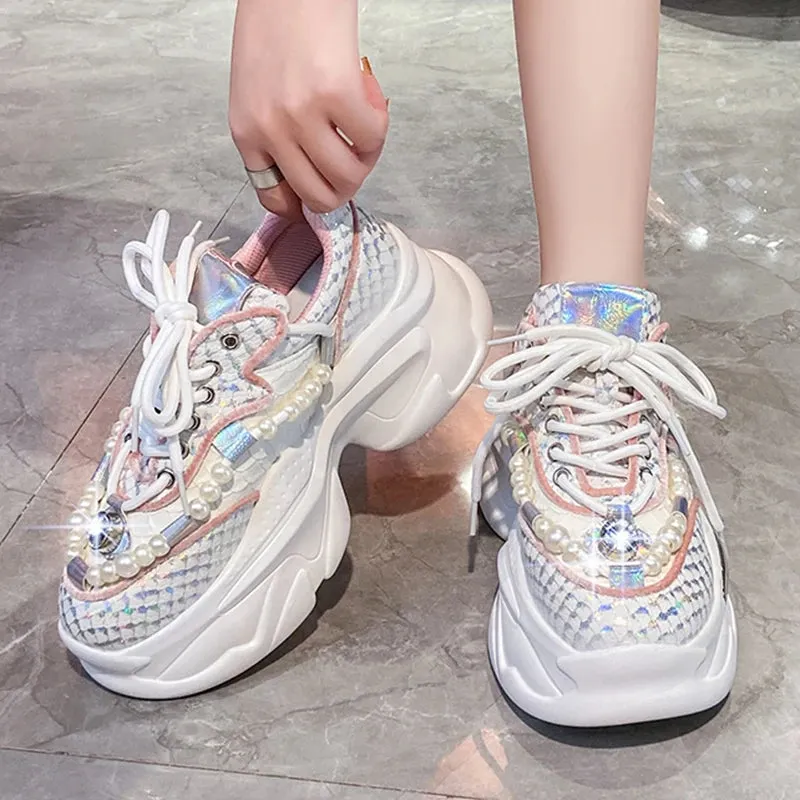 Sohiwoo Snake Print Chunky Sneakers Women Thick Bottom Platform Ladies Sports Shoes Street Fashion Pearl Rhinestone Dad Shoes Woman