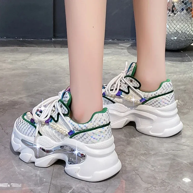 Sohiwoo Snake Print Chunky Sneakers Women Thick Bottom Platform Ladies Sports Shoes Street Fashion Pearl Rhinestone Dad Shoes Woman