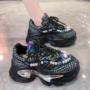 Sohiwoo Snake Print Chunky Sneakers Women Thick Bottom Platform Ladies Sports Shoes Street Fashion Pearl Rhinestone Dad Shoes Woman