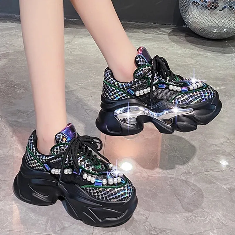 Sohiwoo Snake Print Chunky Sneakers Women Thick Bottom Platform Ladies Sports Shoes Street Fashion Pearl Rhinestone Dad Shoes Woman