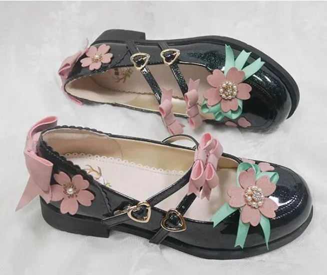 Sohiwoo vintage round head double-breasted women shoes cute bowknot kawaii girl kawaii shoes loli cosplay Sweet princess lolita shoes