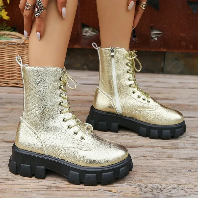 Sohiwoo Winter Silver Crystal Thick Sole Ankle Boots Women's Gothic Thick Sole Motorcycle Boots Women's Luxury Rhinestone Punk Shoes