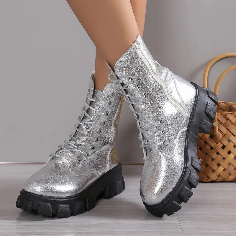 Sohiwoo Winter Silver Crystal Thick Sole Ankle Boots Women's Gothic Thick Sole Motorcycle Boots Women's Luxury Rhinestone Punk Shoes