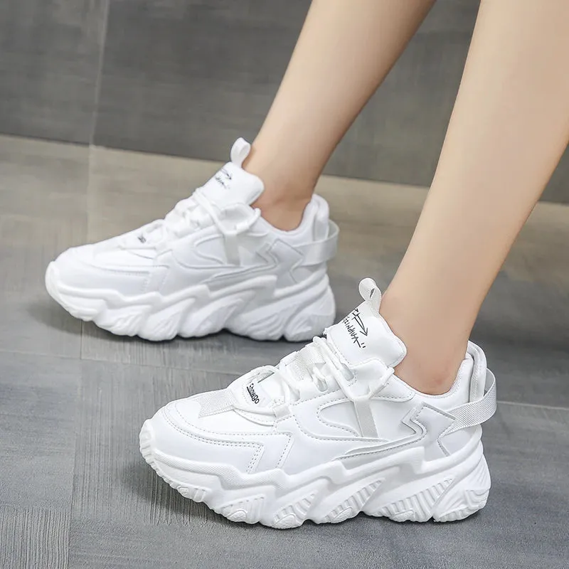 Sohiwoo Women Shoes New Chunky Sneakers for Women White Lace-Up White Vulcanize Shoes Casual Fashion Dad Shoes Platform Sneakers