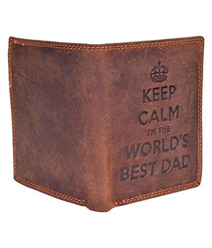 STARHIDE Keep Calm I'm The Worlds Best Dad Mens RFID Blocking Genuine Distressed Hunter Leather Wallet 705 Brown