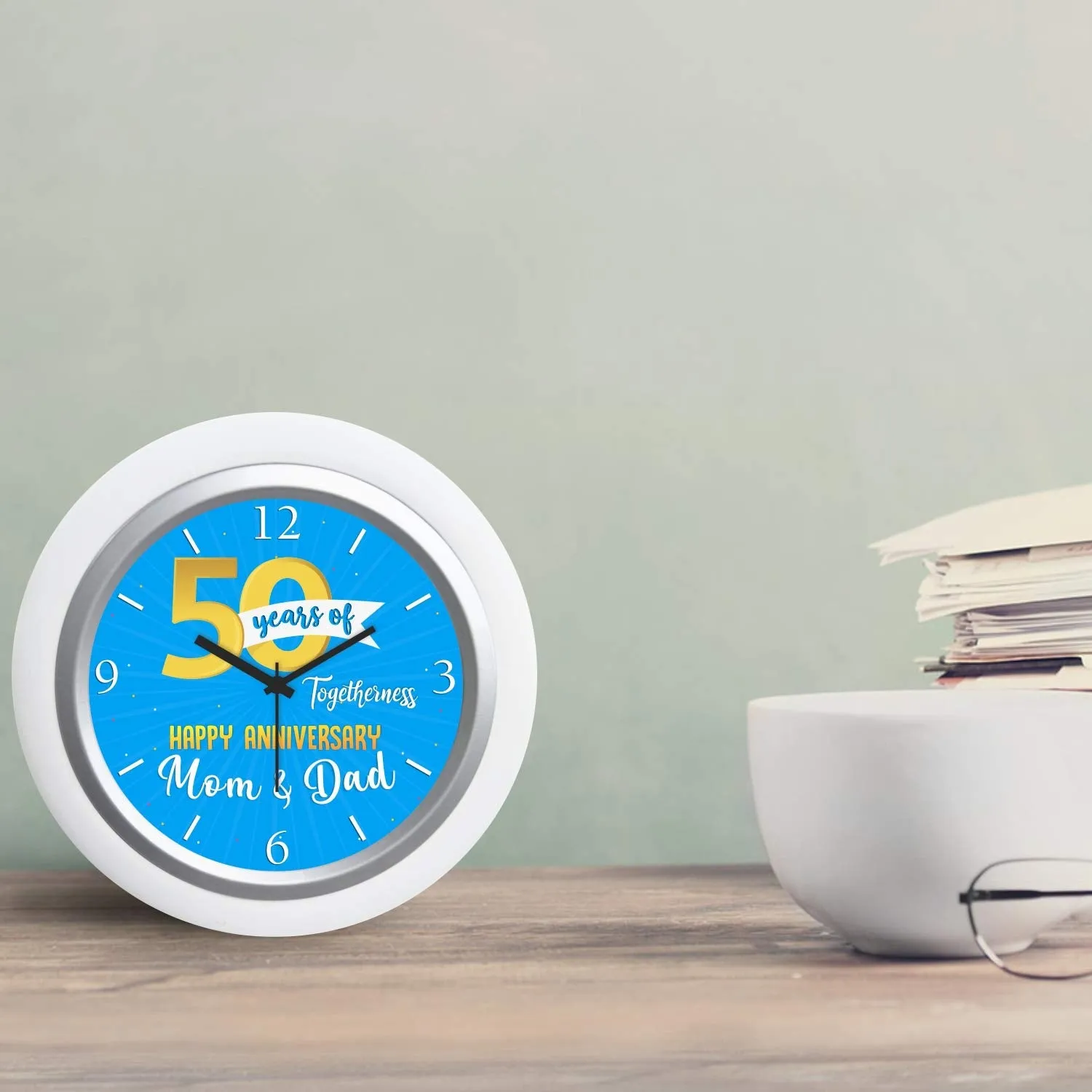 TheYaYaCafe Yaya Cafe™ Happy 50th for Mom Dad, Table Desk Clock Plastic Framed- 6x6 inches(White Frame, Unbreakable Flexiglass Cover, Analog)