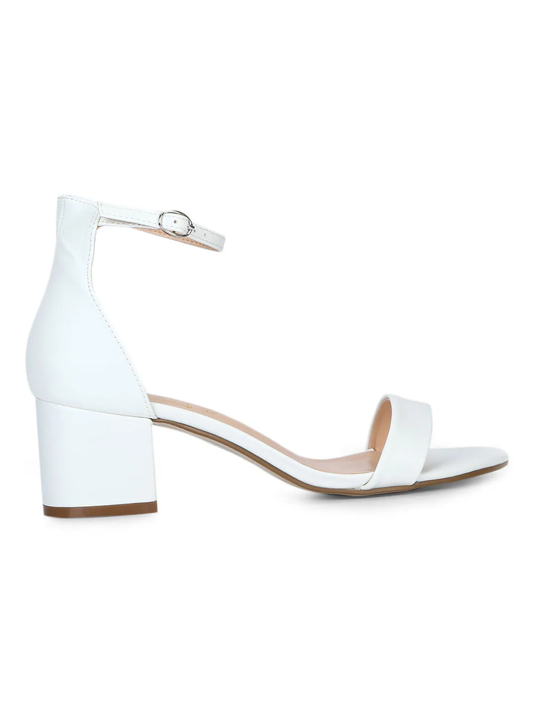 White PU Ankle Strap Kitten Block Heels