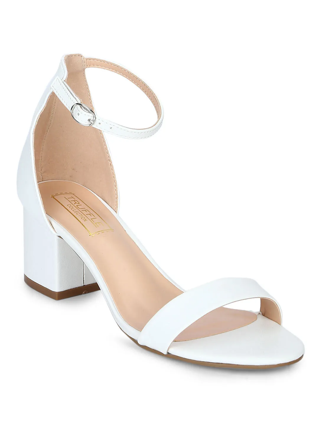 White PU Ankle Strap Kitten Block Heels