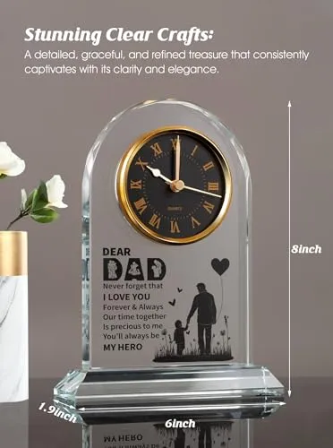 WinTaim Dad Glass Clock Gift from Daughter or Son, Unique Birthday, Christmas, Dad Valentines Gifts from Girl, Elegant Desk Clock with Base for Dads Who Have Everything