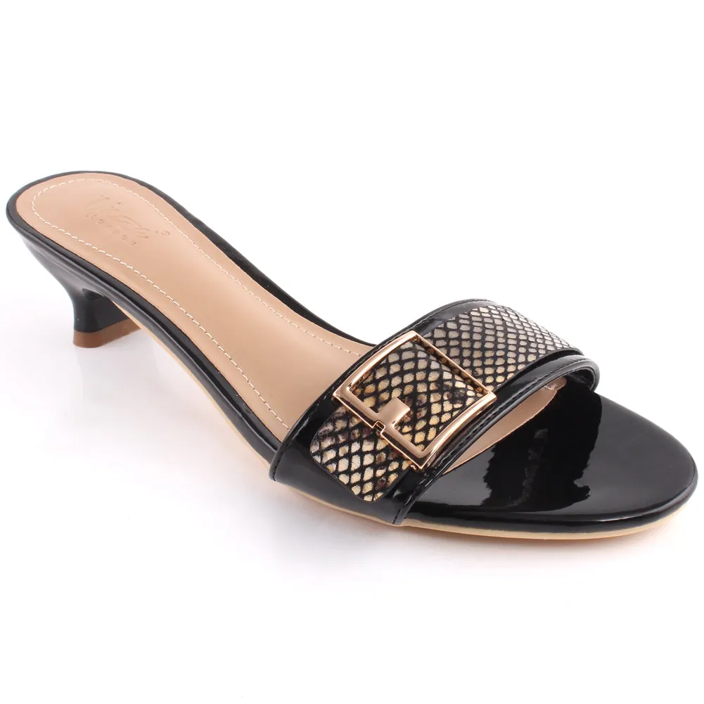 Women “BENITA” Buckle Textured Toe Strap Heel Slip On Sandals