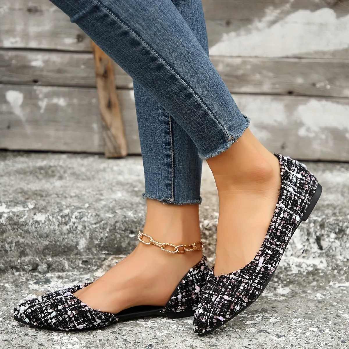 Women's Elegant Pointed Toe Flats, Side Cut-out Slip On Tweed Shoes, Comfy Soft Sole Flat Shoes