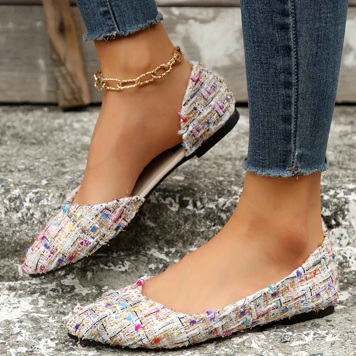 Women's Elegant Pointed Toe Flats, Side Cut-out Slip On Tweed Shoes, Comfy Soft Sole Flat Shoes