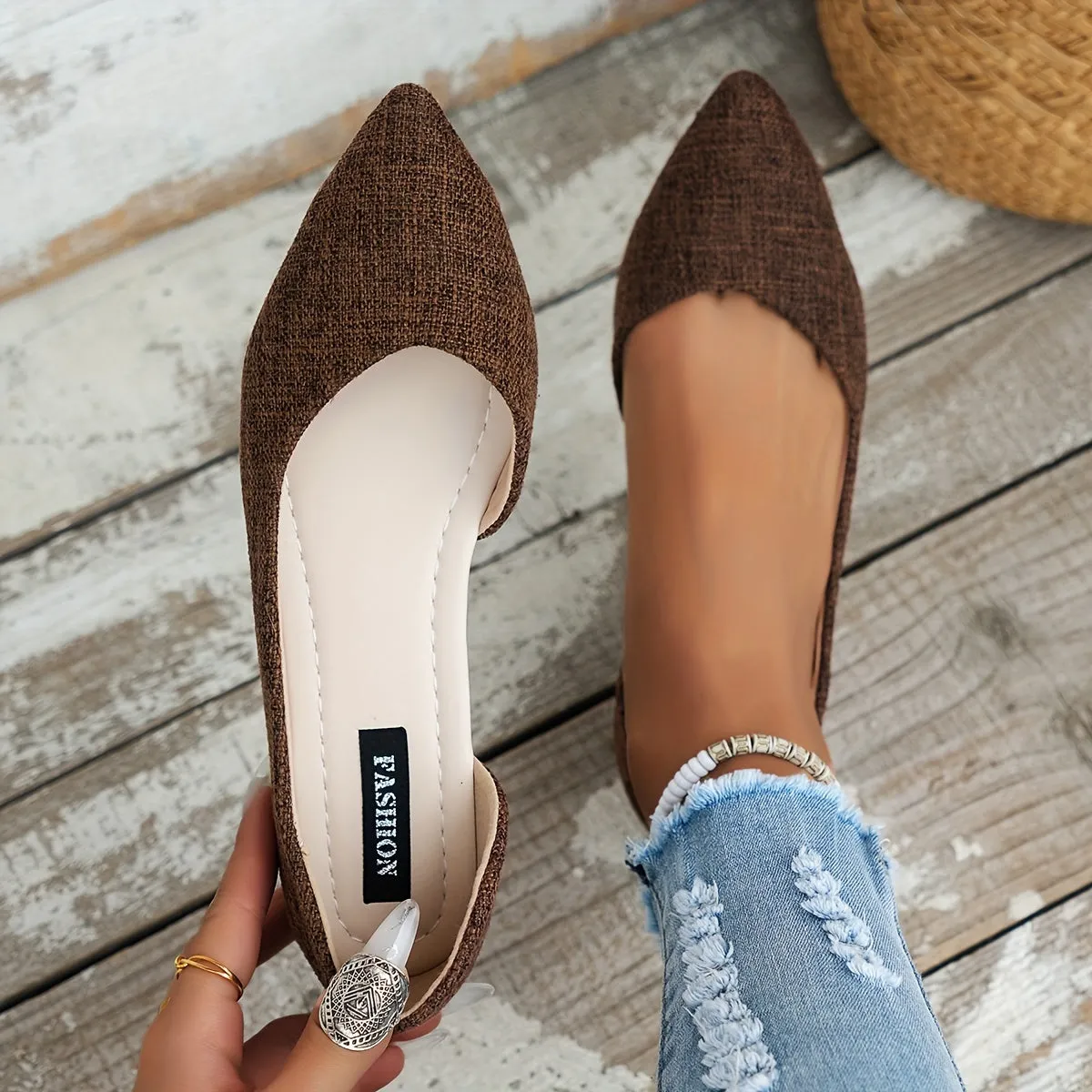 Women's Elegant Pointed Toe Flats, Side Cut-out Slip On Tweed Shoes, Comfy Soft Sole Flat Shoes