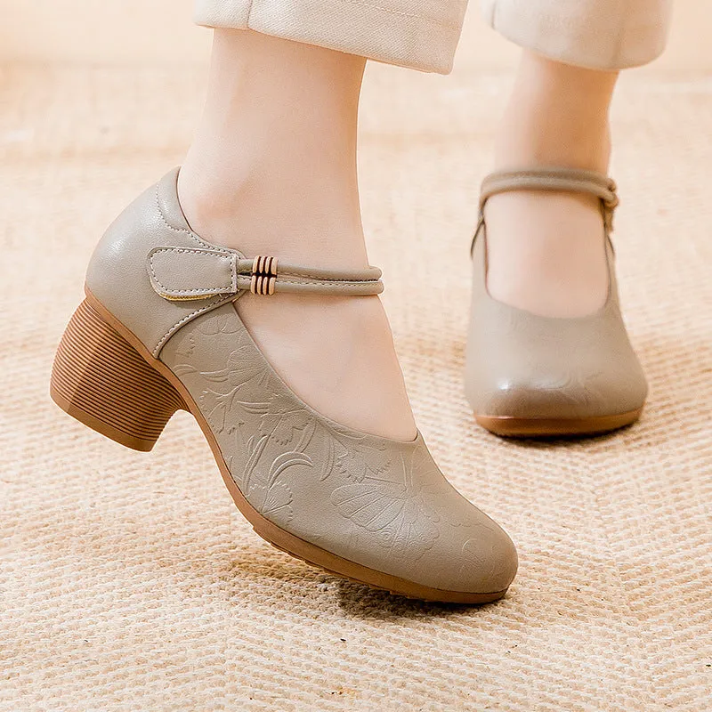 Women's Retro Non-slip Leather Low Heeled Shoes