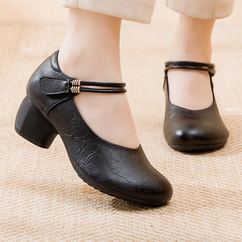 Women's Retro Non-slip Leather Low Heeled Shoes