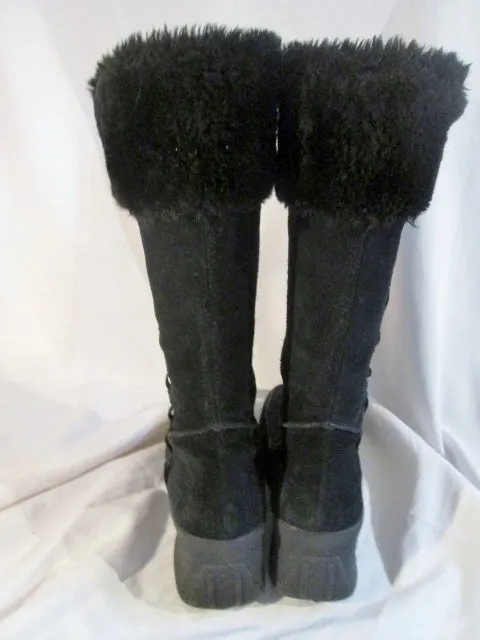 Womens SKECHERS 45470 Suede Faux Fur Cuff Winter Sherpa Mukluk BOOTS 10 BLACK