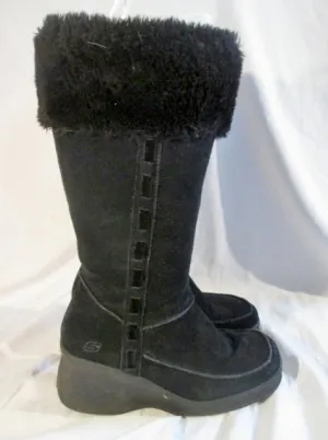 Womens SKECHERS 45470 Suede Faux Fur Cuff Winter Sherpa Mukluk BOOTS 10 BLACK